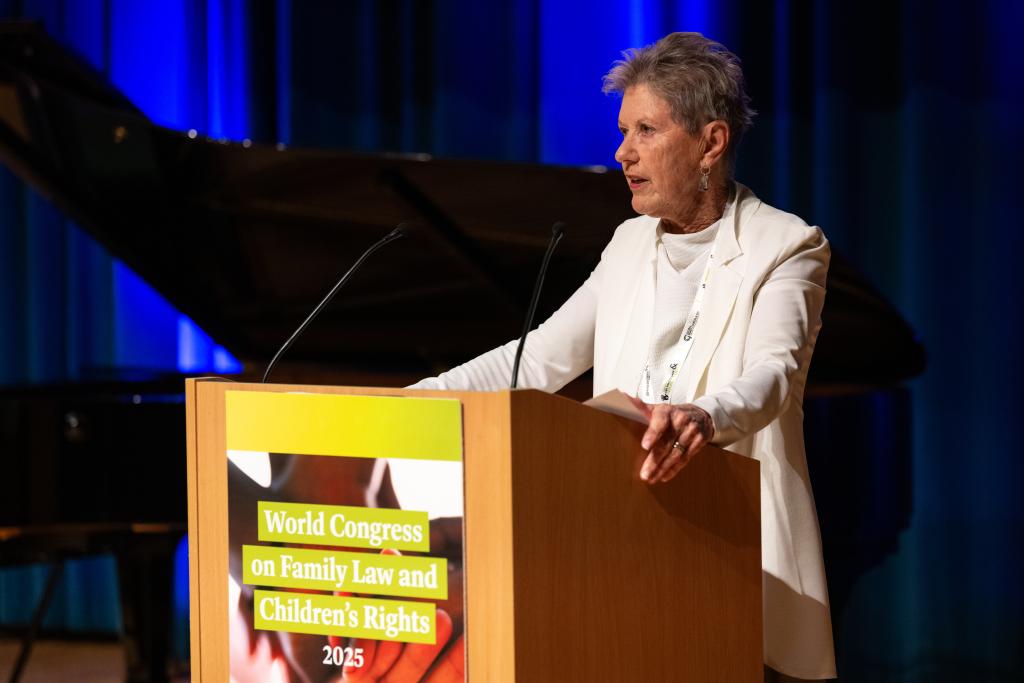 The Honourable Diana Bryant AO KC, Former Chief Justice of the Family Court of Australia and Chair of the World Congress on Family Law & Children’s Rights speaking at the world Congress in Cambridge, UK