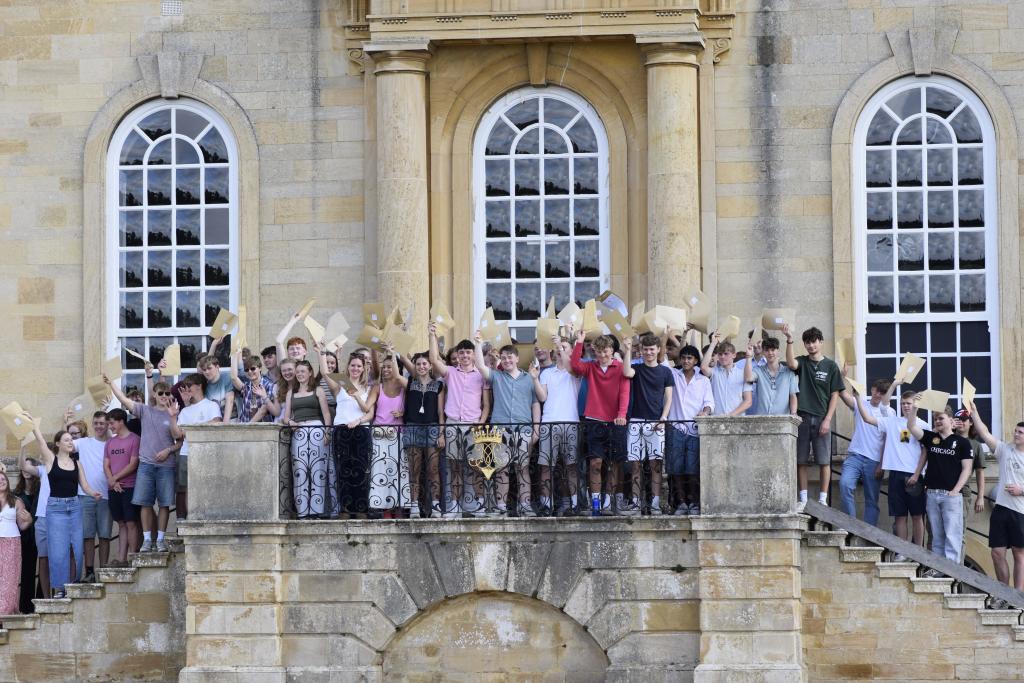 Pupils celebrating in front of Kimbolton School, Cambridgeshire