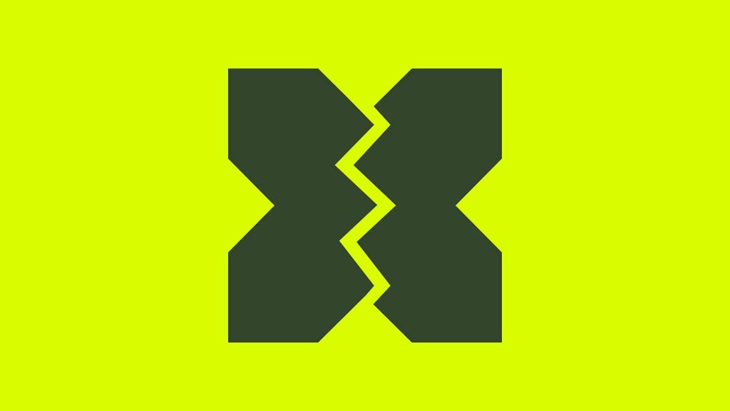A stylised X is broken into two halves, in style of a broken heart