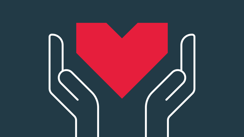 Two white outlined hands cupped upwards, surrounding a bold red heart shape, set against a dark blue background — symbolising care, support, and compassion.