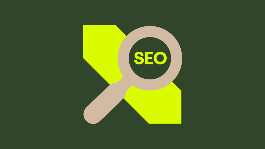 A magnifying glass icon with the word "SEO" inside it, placed over a bright yellow diagonal shape on a dark green background — representing search engine optimisation and digital visibility.