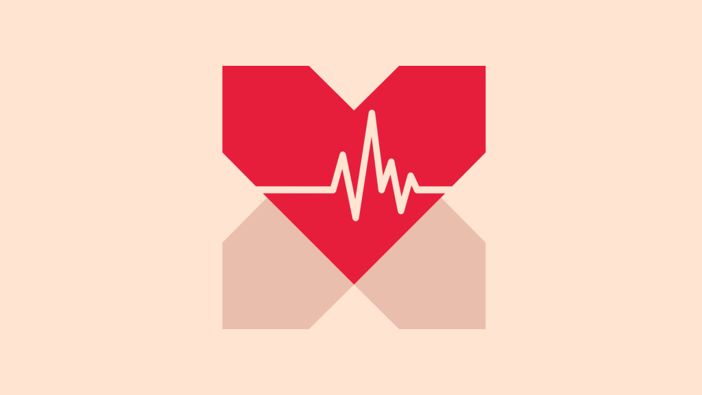 A red heart with a cream-colored heartbeat line running through it, layered above the shape of an envelope, all set against a soft beige background — symbolising the connection between email communication and wellbeing or vital signs.