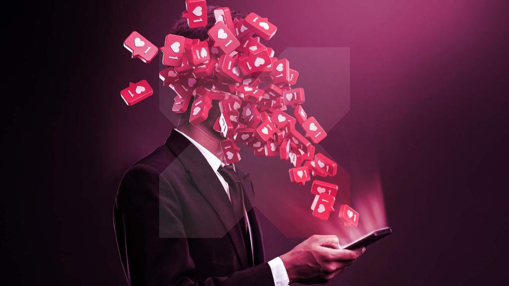 A person holds a phone but their face is obscured by 'Like' symbols