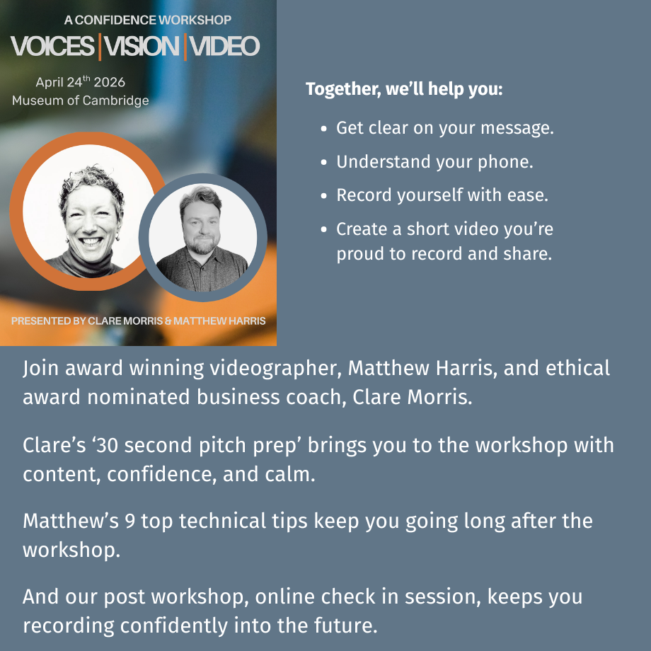 Voices Vision Video: the workshop with pitch preparation, top takeaway technical tips, and a post workshop online to keep you recording confidently. Helping you get clear on your message, understand the recording tech on your phone, and create a short video your proud to share.