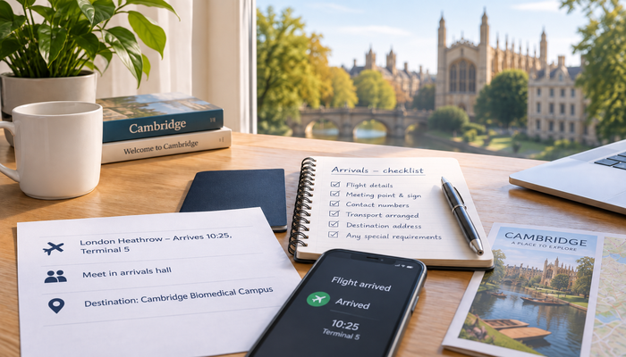 Travel planning desk with airport arrival details, a visitor checklist and a view of Cambridge.