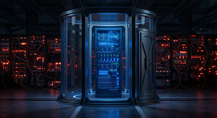 A high-tech 3D rendering of a single, high-performance server rack emitting a stable blue light, securely isolated inside a cylindrical glass vault. In the dark, out-of-focus background, chaotic server nodes with tangled wires and red warning lights represent the vulnerabilities of commoditized shared web hosting.