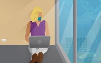 A lady in a mask at a laptop