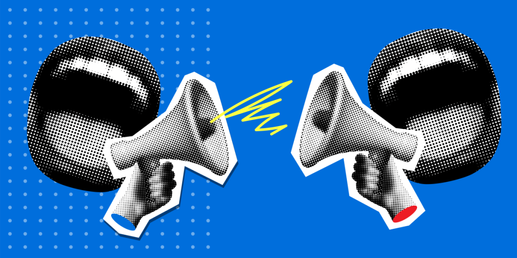 Two mouths talking to each other through megaphones