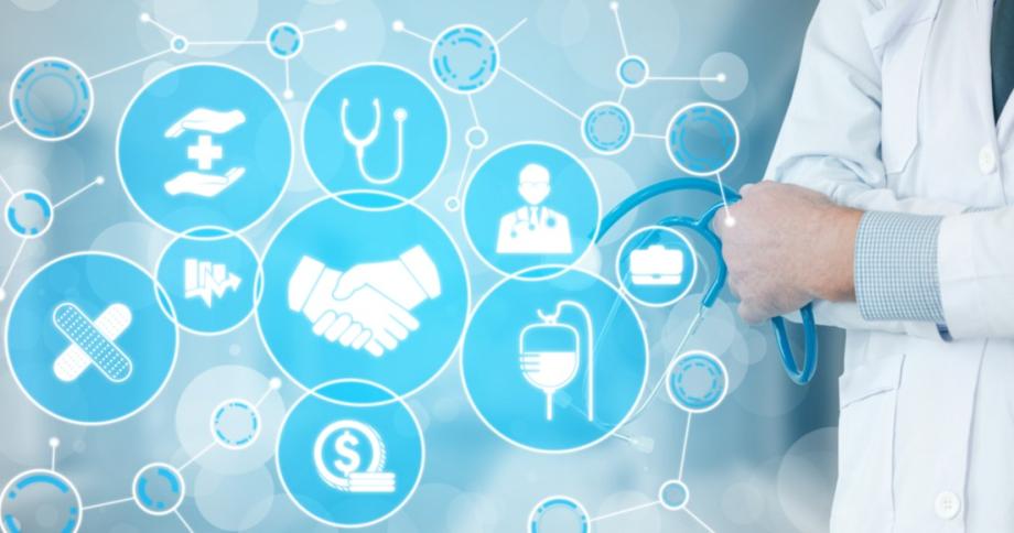 Medical Healthcare Concept - Doctor in hospital with digital medical icons graphic banner showing symbol of medicine, medical care people, emergency service network, doctor data of patient health.