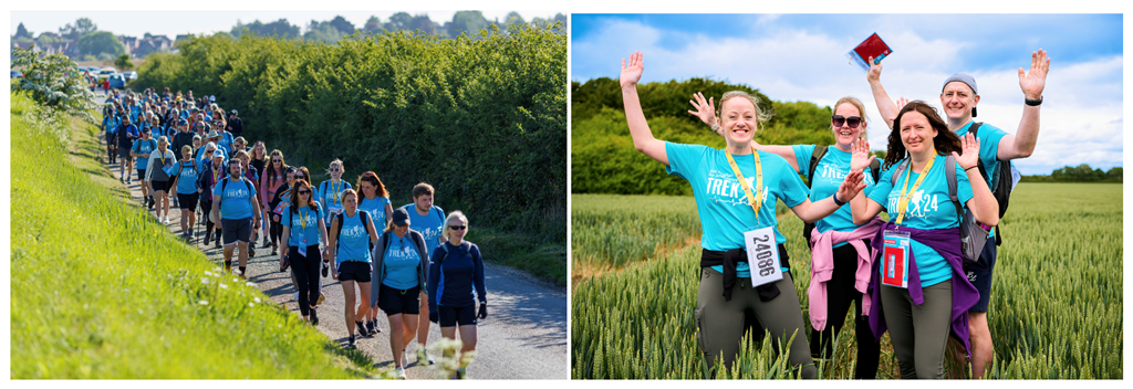 picture on left, group of walkers, picture on right, group of four waving their arms