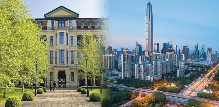 External view of Cambridge Judge Business School (left) and view of Shenzhen, China
