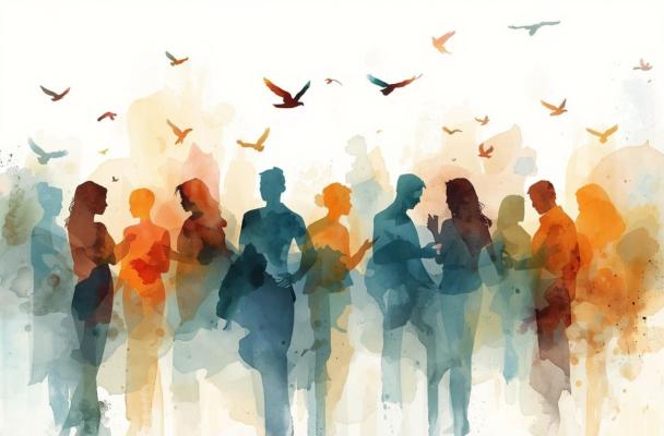 Group of people in conversation with birds in flight overhead