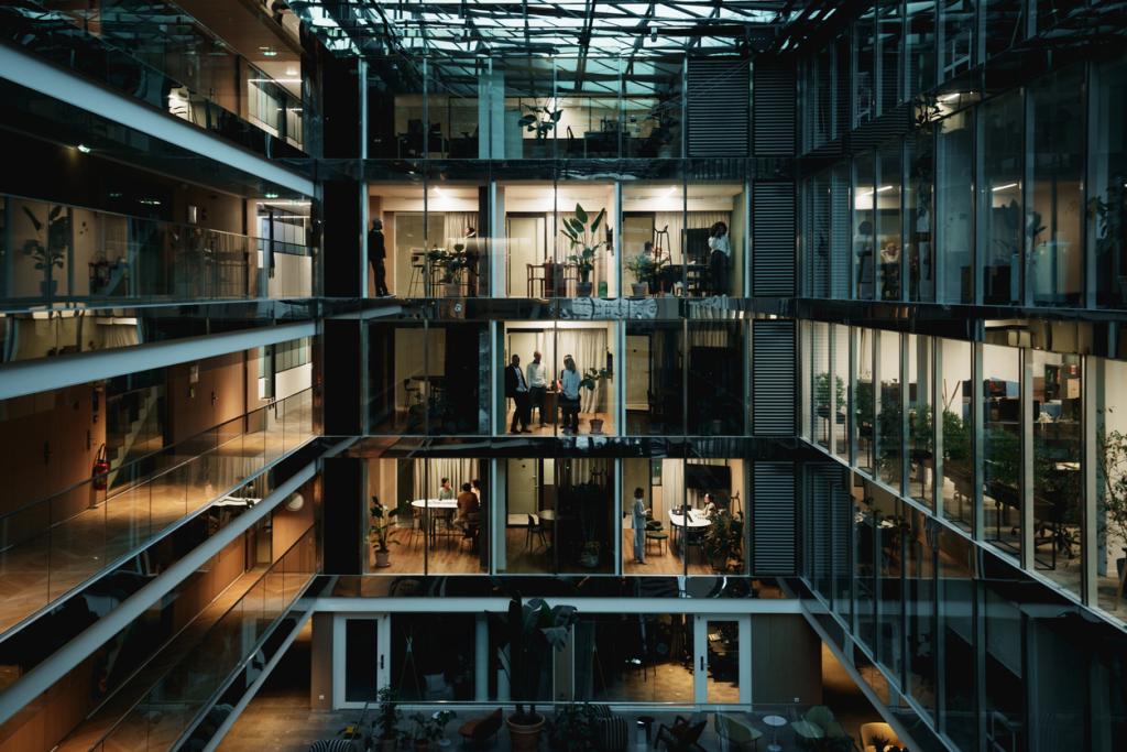 An large office block, lit up at night