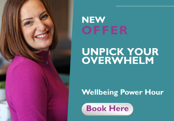 Photo of claire harris and poster showing the new offer, unpick your overwhelm. Wellbeing power hour