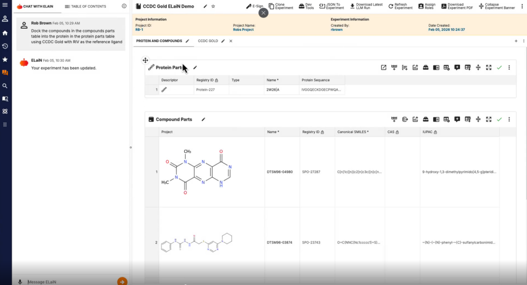 CCDC GOLD ELaiN & Sapios’s AI Electronic Lab Notebook in Protein–Ligand Docking Action