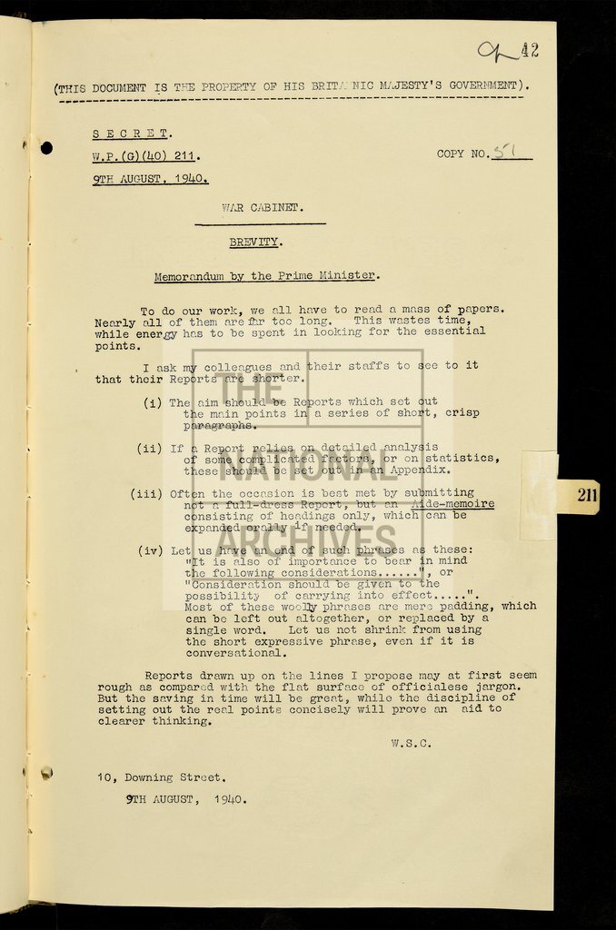 Memo from Churchill appealing for brevity