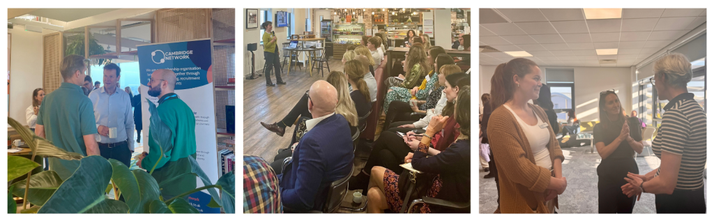 Collage of three Cambridge Network events: CEO John Gourd in conversation with members; a business talk led by Louise Rushworth; and a discussion with Jennifer Turley, Claire Angus and a member.