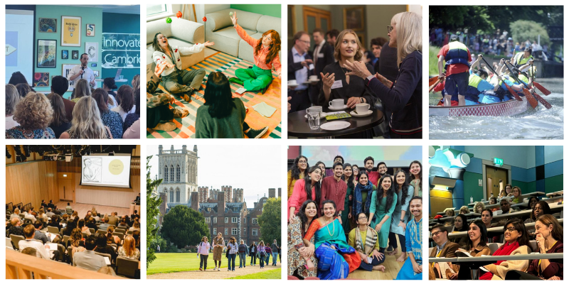 Collage of eight member events: a man giving a presentation; a woman leading an interactive workshop; two women networking; a charity rowing event; attendees at a business lecture; a group walking past a Cambridge college; a group posing for a cultural celebration; and another business lecture.
