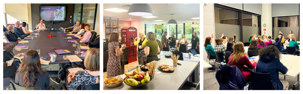 Collage of three Cambridge Network peer groups: business people in a formal table discussion; a networking session in a room; and participants seated around a table raising their hands in response to a question.