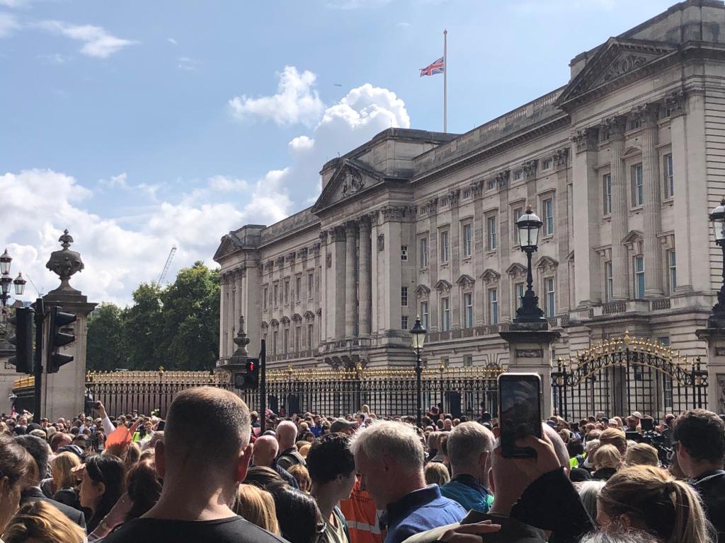 Buckingham Palace with flag at half mast