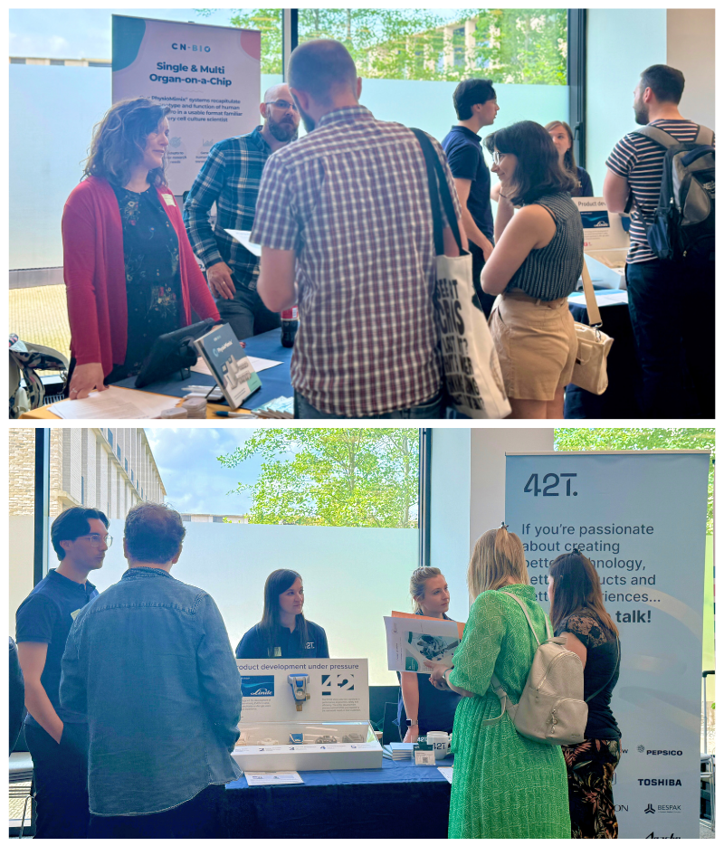A collage of two Cambridge Network recruitment events: Job seekers speaking to exhibitors CN Bio and 42 Technology