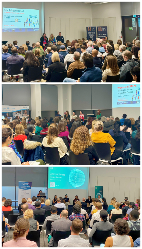 Collage of three Cambridge Network recruitment events: A room of people attending panel discussions for EA First, TTP and Riverlane