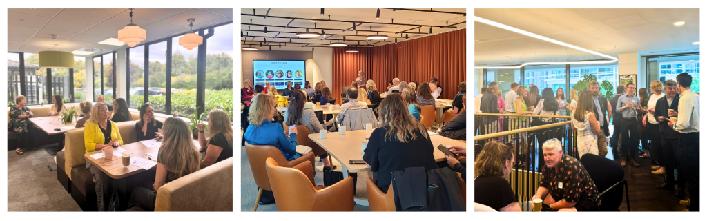 Collage of three Cambridge Network events: women in a peer group session; attendees watching a panel discussion; and people networking at an event.