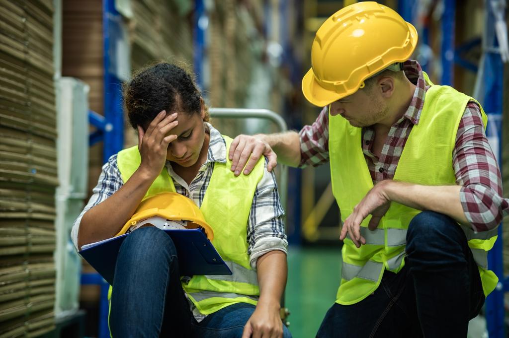 Man comforting her colleague at work who is suffering from poor mental health