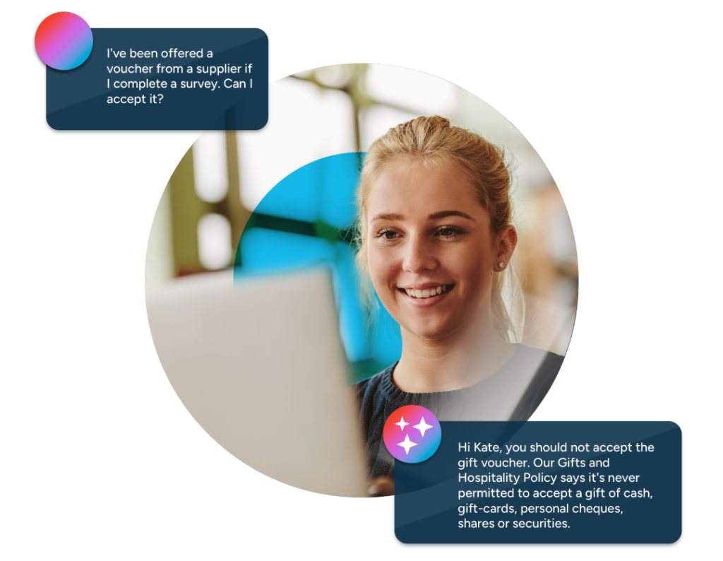AI-powered learning assistant guiding employee on company gift policy - example of AI coaching in workplace learning developed in Acteon's platform Breeio.