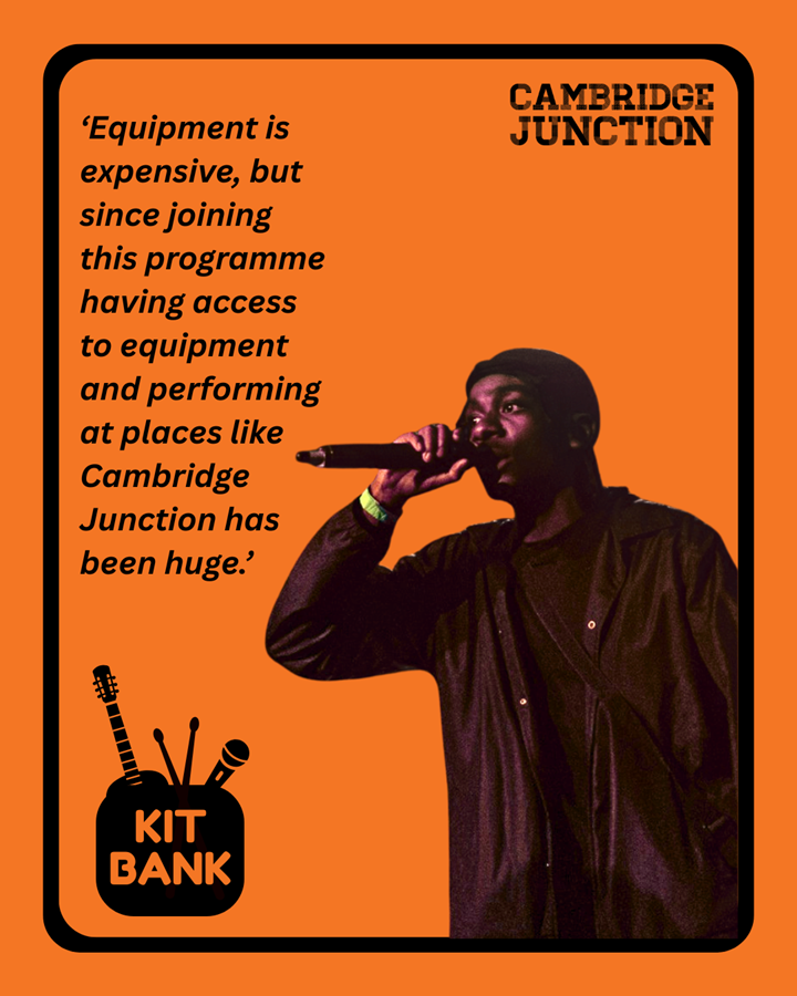 Orange kit bank poster with man and microphone and quote