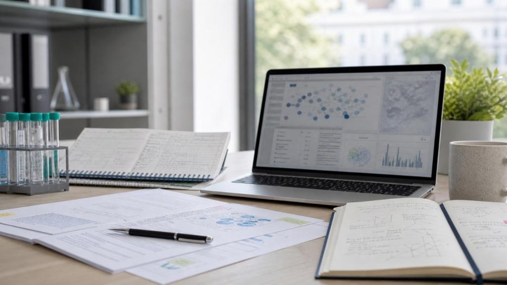 a desk with laptop and paper