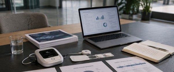 a desk with a screen and sheets off paper