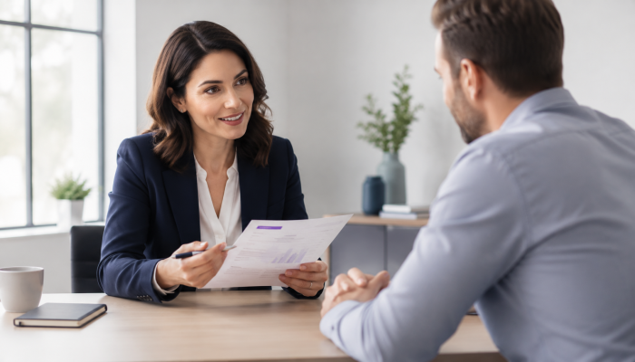 Agency recruiter sharing a structured interview evidence report with a client during a meeting, representing clearer candidate recommendations and client trust.