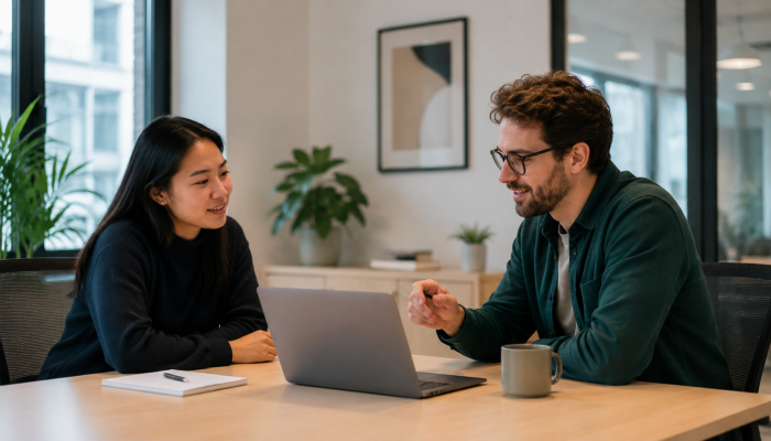 Engineer and interviewer discussing a technical task at a laptop, representing practical technical interviews that test real work rather than abstract coding puzzles.