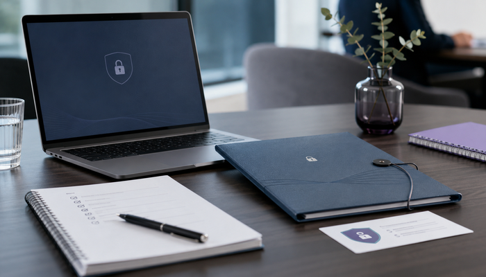 Secure laptop, locked document folder and interview notes on a modern desk, representing candidate data trust and responsible interview evidence. 
