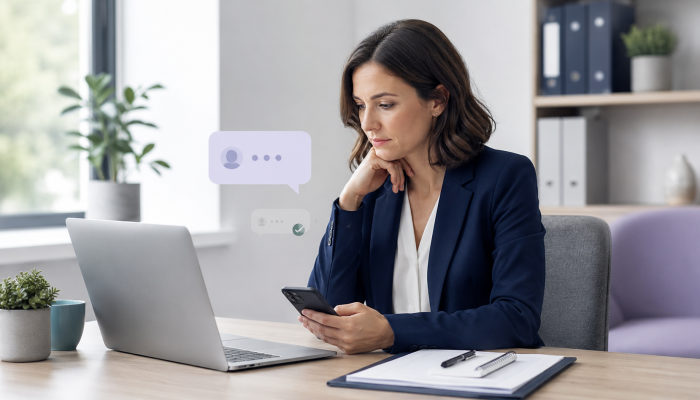 Alt text: Recruiter waiting for a candidate response on her phone, representing candidate ghosting, delayed communication and the need for clearer interview follow-up.