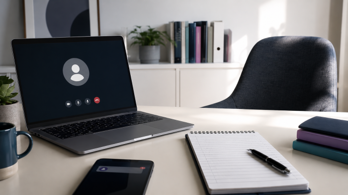 Empty interview chair beside a laptop video call, with a notebook and phone notification representing candidate ghosting and structured interview follow-up.