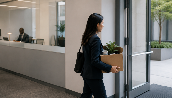Employee leaving an office with a cardboard box, representing how enterprise internal mobility friction can push good people to leave rather than move within the company.