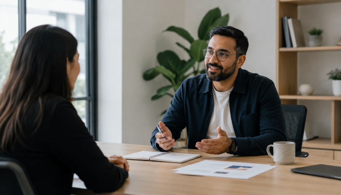 Startup founder discussing role expectations and impact with a candidate, representing why strong candidates need clarity on contribution as well as compensation.