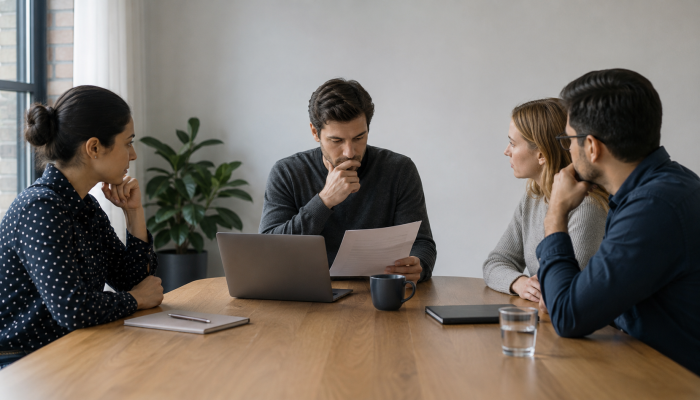 Founder reviewing hiring evidence with a small team, representing the need to move from founder-dependent interviews to a structured hiring process.