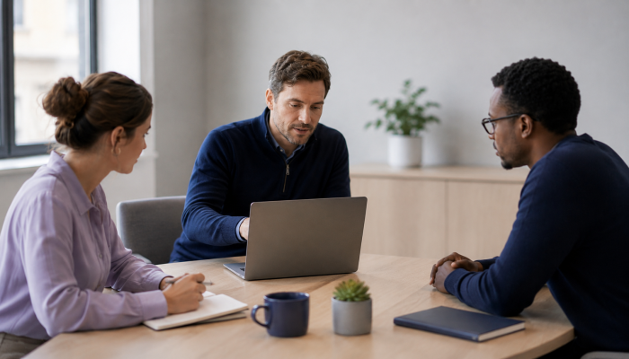 Founder showing a laptop to a small team during a hiring discussion, representing the shift from founder instinct to structured interview evidence.