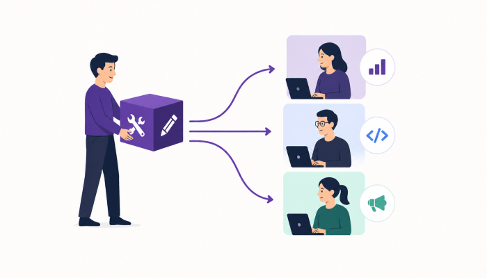 Generalist founder handing work to specialist team members, representing how startups move from broad early execution to specialist depth as they scale.