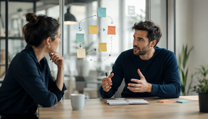 Two people discussing a changing role beside a flexible workflow map, representing how startups interview for adaptability, judgement and future contribution.