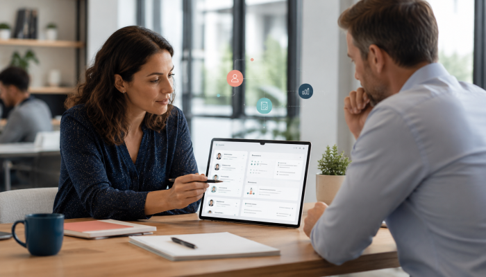 Recruiter discussing AI-supported interview evidence with a hiring manager, representing how AI can speed up recruitment while structured interviews and human judgement remain central.