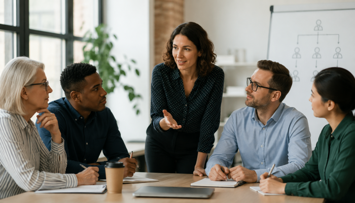 Middle manager leading a team meeting, representing the need for scale-ups to add management structure before founders become the bottleneck.