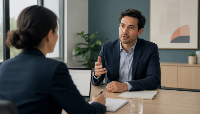 Candidate answering a structured interview question while the interviewer takes notes, representing how candidates can show clear evidence of impact, judgement and contribution.