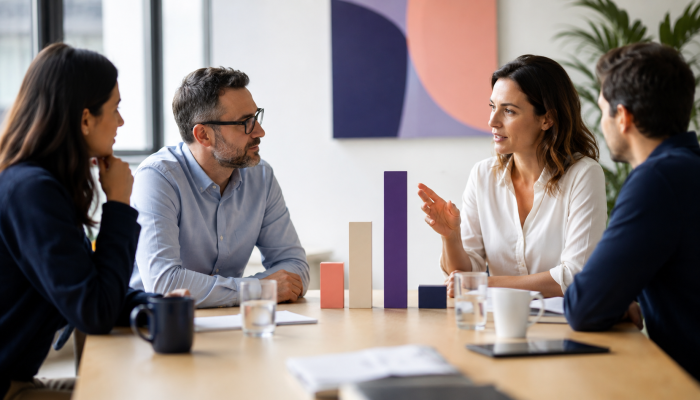Hiring team discussing rising performance bars, representing the need for scale-ups to protect hiring standards with clearer interview evidence.