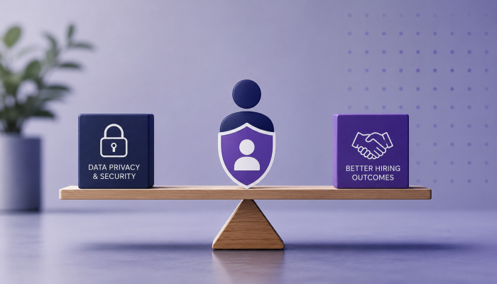 Balanced blocks showing data privacy, candidate trust and better hiring outcomes, representing the shift from sourcing-led recruitment to evidence-led agency value.