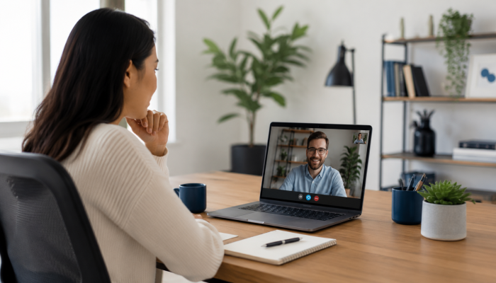 Hiring manager conducting a remote video interview from a home office, representing how remote-first startups need structured interviews and clearer evidence from every conversation.