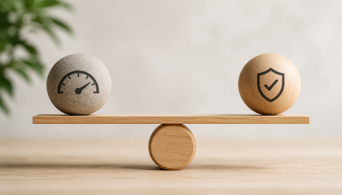Minimal balance scale showing speed and confidence, representing the need for startups to hire quickly without weakening interview evidence.